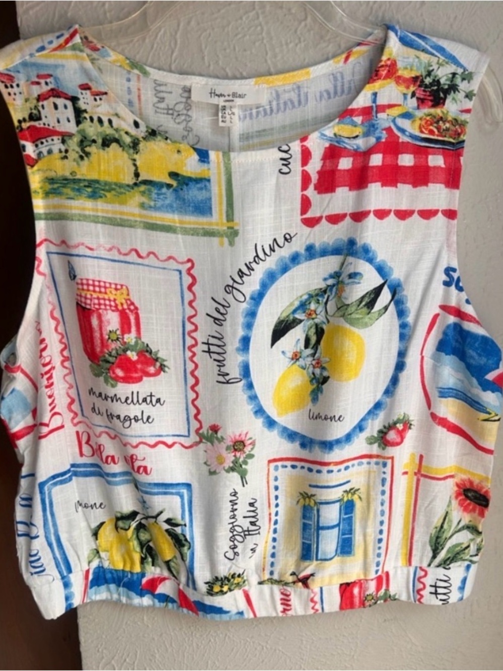 Haver & Blair Linen Blend Italian Postcard Lemon themed Sleeveless Top Sz Large